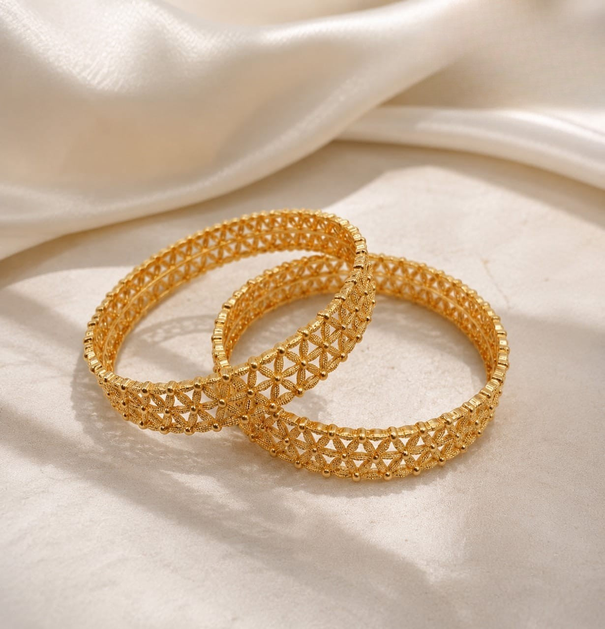Elegant Gold-Tone Floral Filigree Bangles for Women – Set of 2