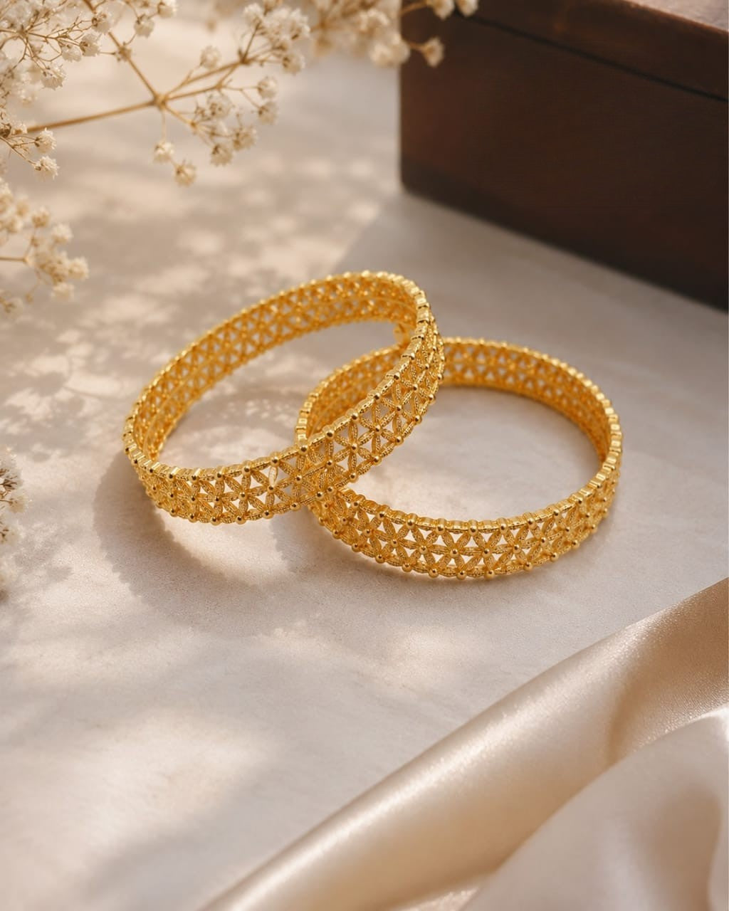 Elegant Gold-Tone Floral Filigree Bangles for Women – Set of 2