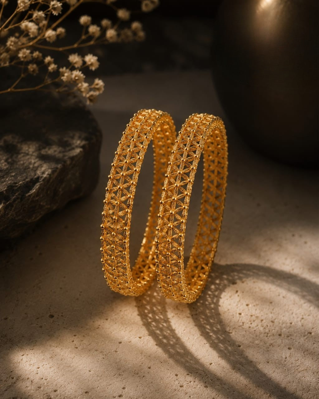 Elegant Gold-Tone Floral Filigree Bangles for Women – Set of 2