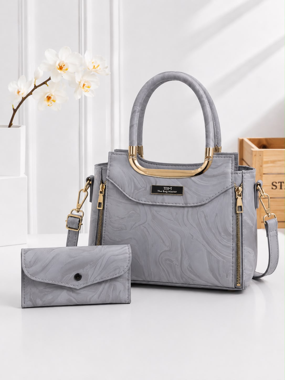 Luxury Marble-Texture Women’s Handbag with Matching Wallet and Shoulder Strap