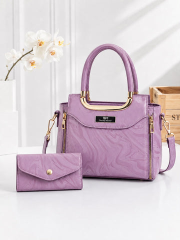 Luxury Marble-Texture Women’s Handbag with Matching Wallet and Shoulder Strap