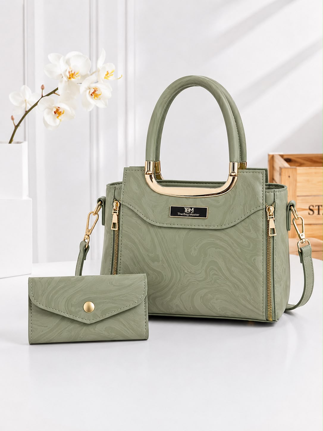 Luxury Marble-Texture Women’s Handbag with Matching Wallet and Shoulder Strap