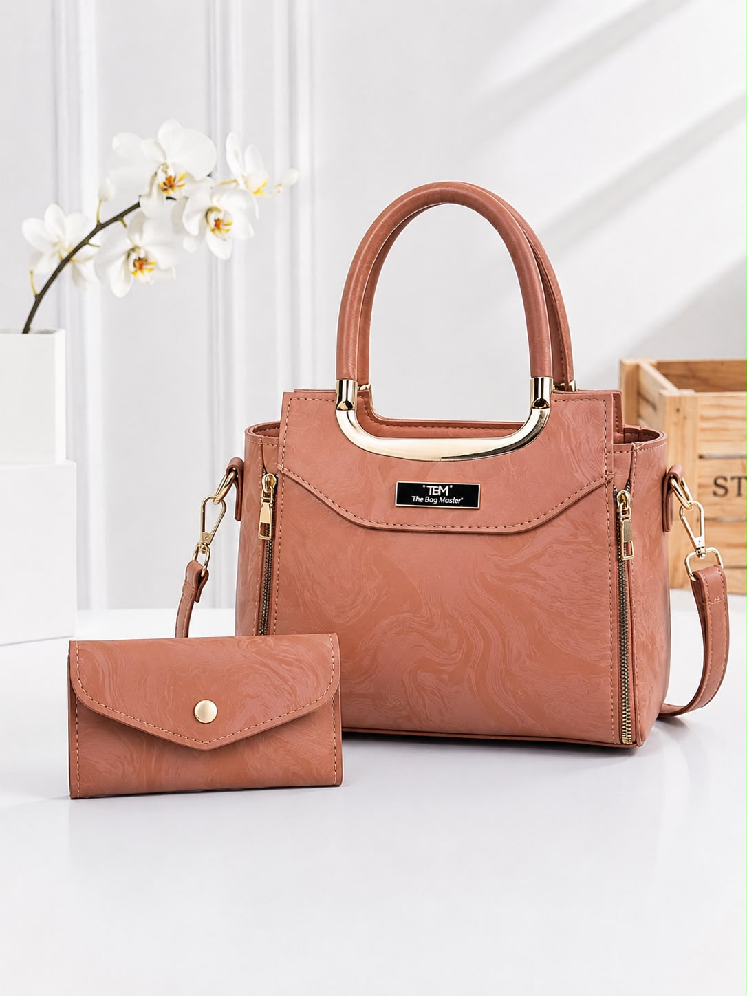 Luxury Marble-Texture Women’s Handbag with Matching Wallet and Shoulder Strap