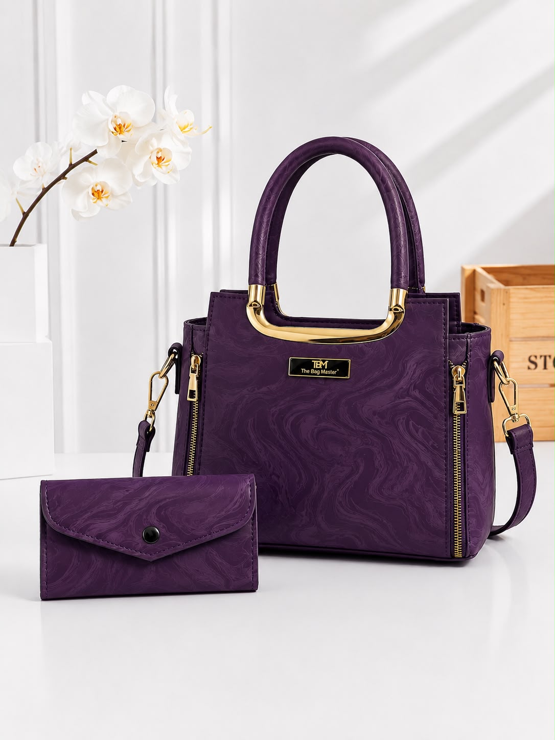 Luxury Marble-Texture Women’s Handbag with Matching Wallet and Shoulder Strap