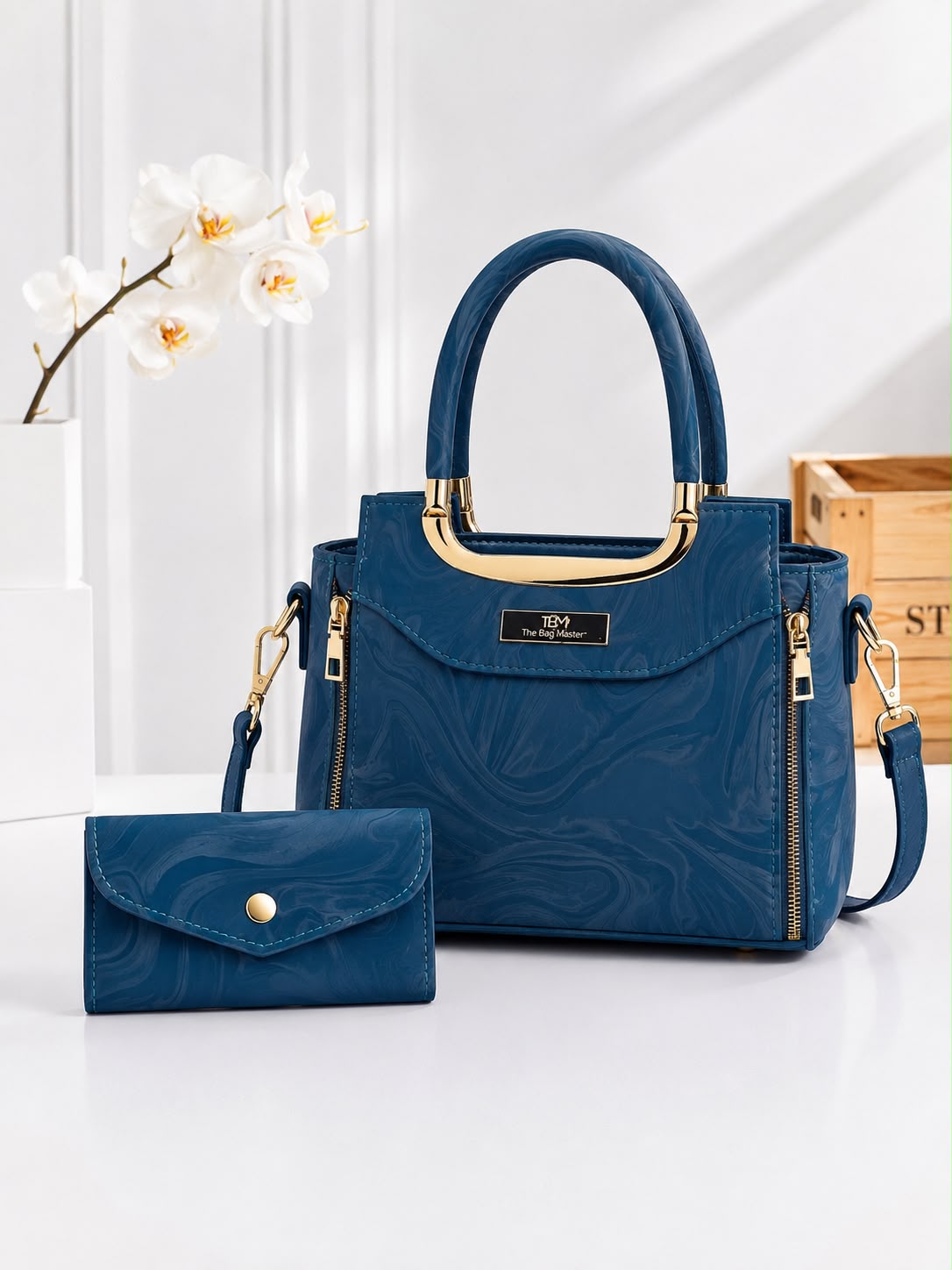 Luxury Marble-Texture Women’s Handbag with Matching Wallet and Shoulder Strap