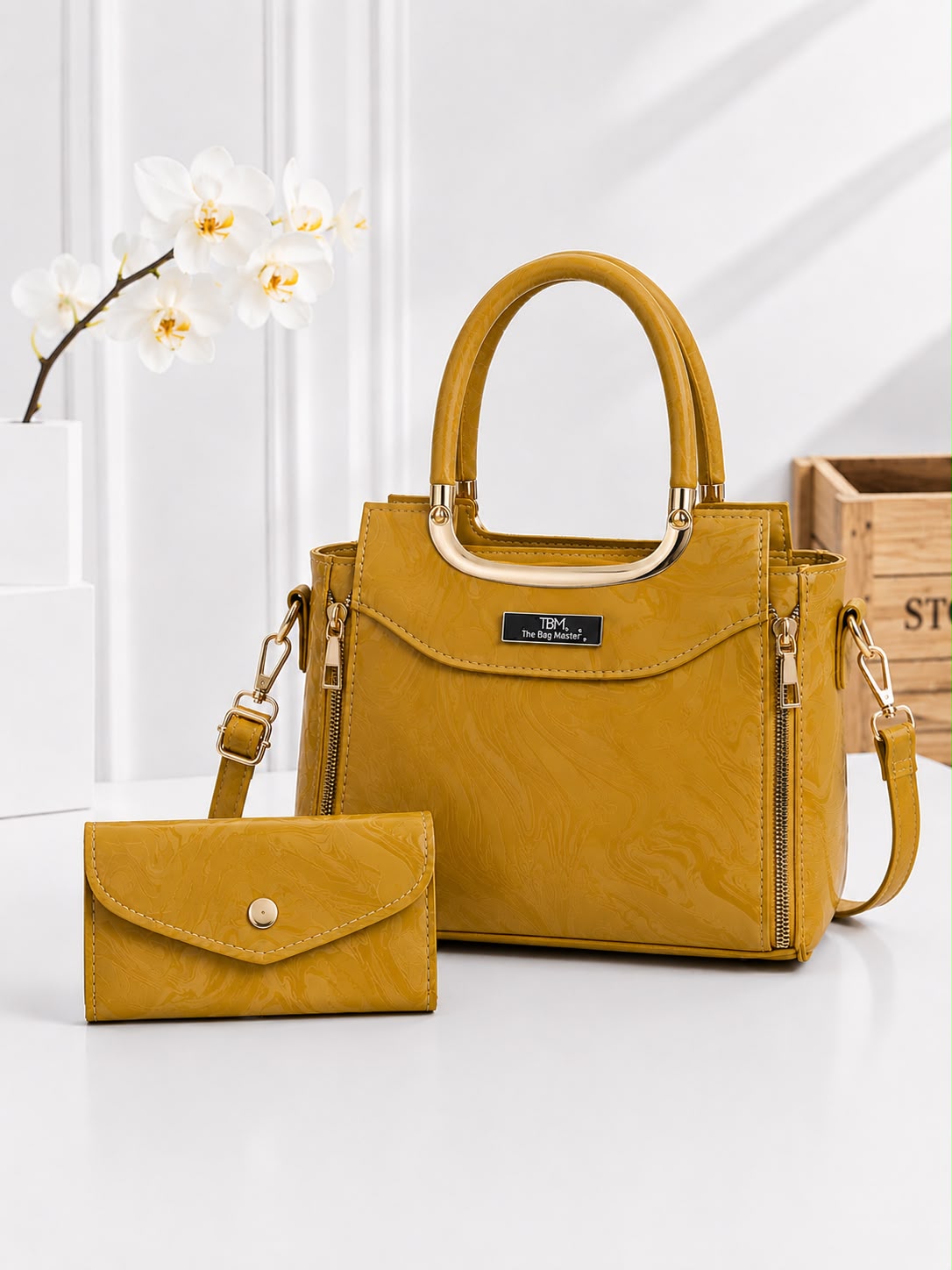 Luxury Marble-Texture Women’s Handbag with Matching Wallet and Shoulder Strap