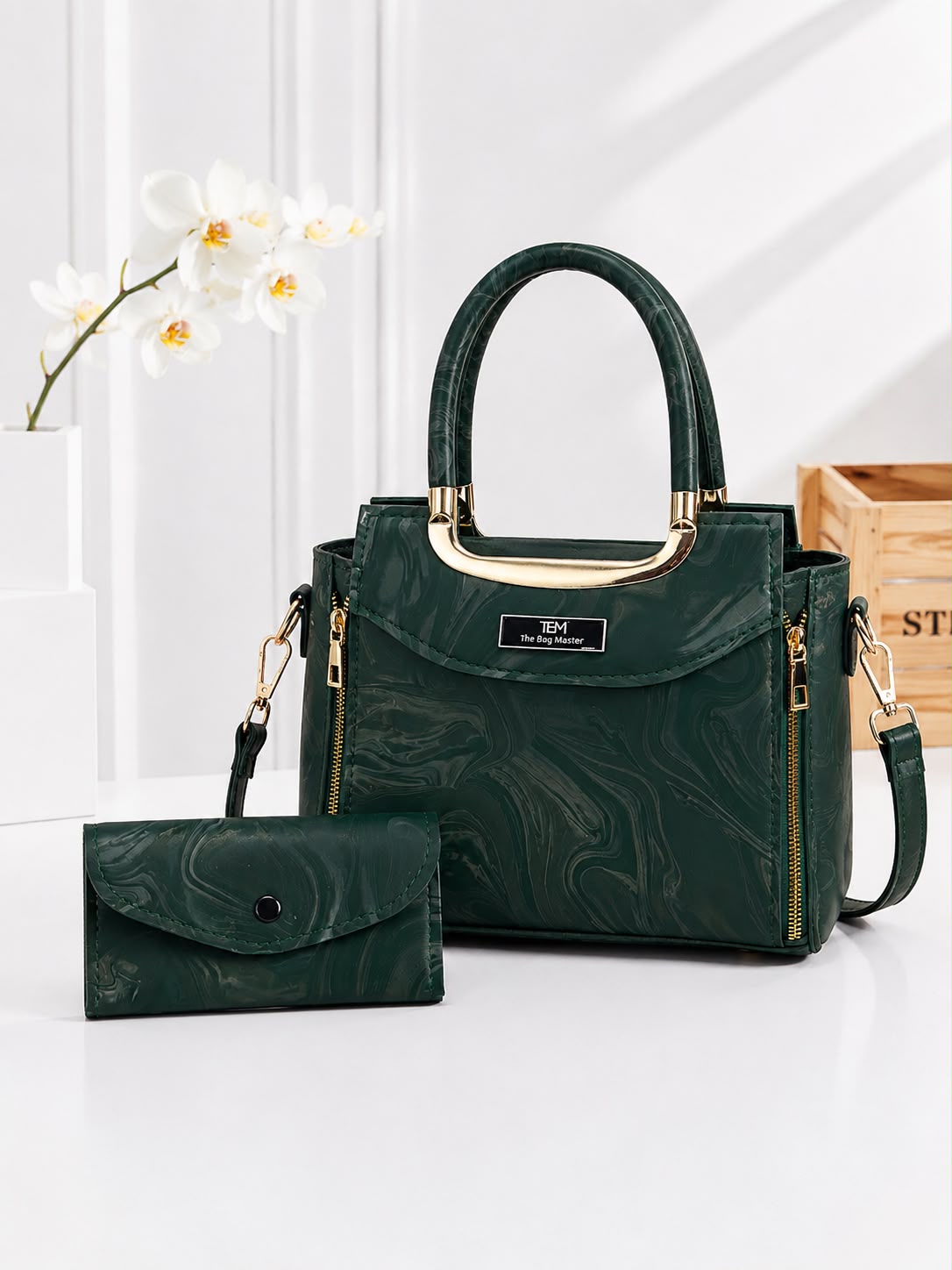 Luxury Marble-Texture Women’s Handbag with Matching Wallet and Shoulder Strap