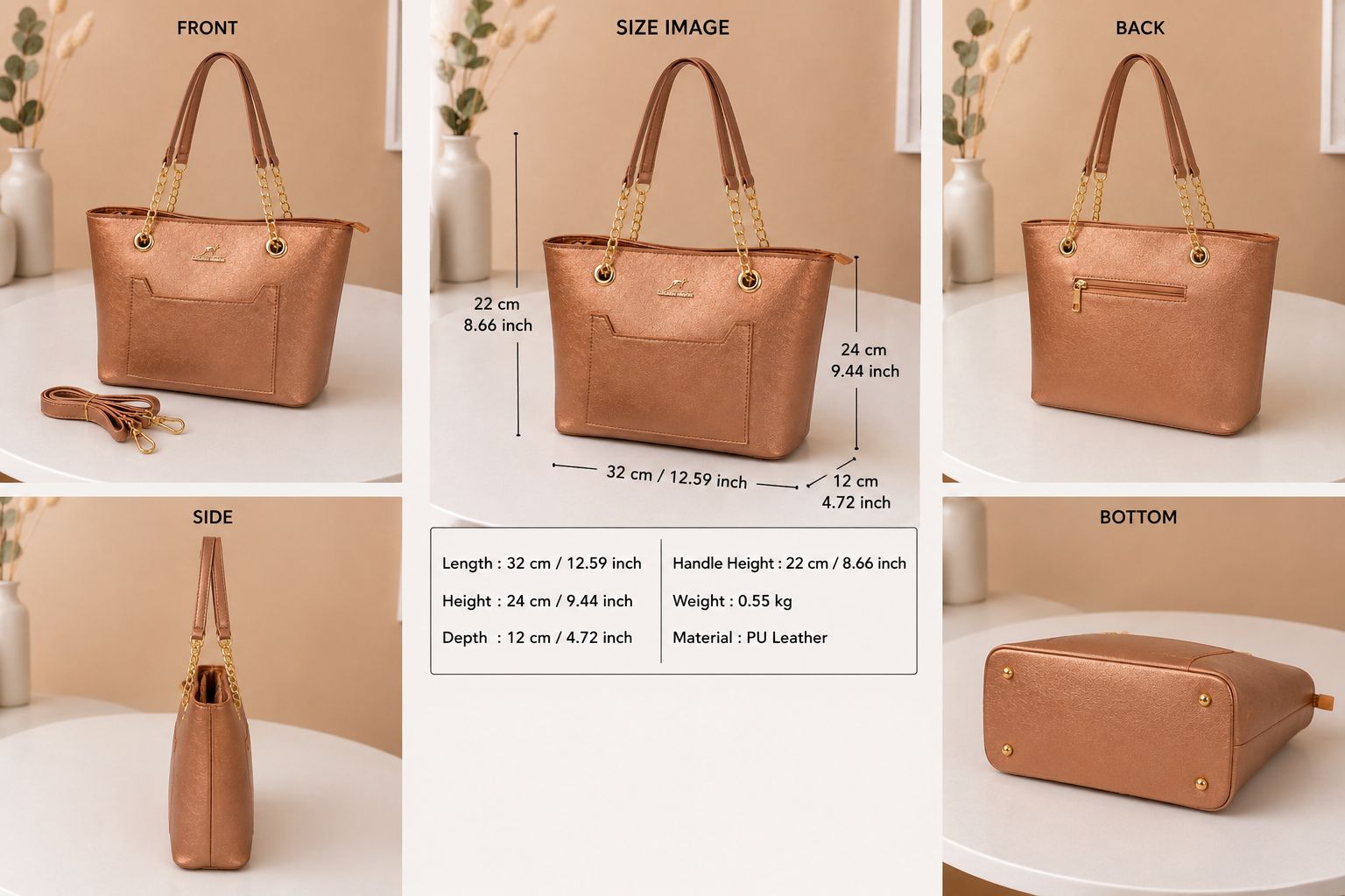 Luxury Women Tote Handbag – PU Leather Chain Shoulder Bag with Detachable Strap