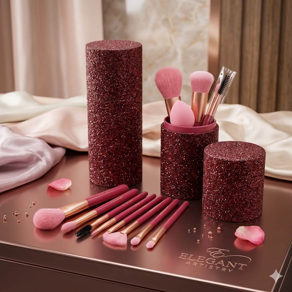 Elegant Rose Glitter Makeup Brush Set with Luxury Holder
