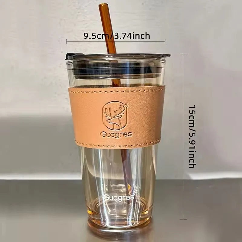Reusable Transparent Tumbler with Straw and Leather-Look Sleeve