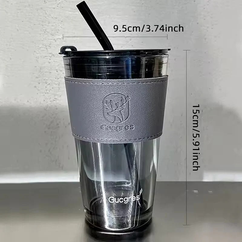 Reusable Transparent Tumbler with Straw and Leather-Look Sleeve