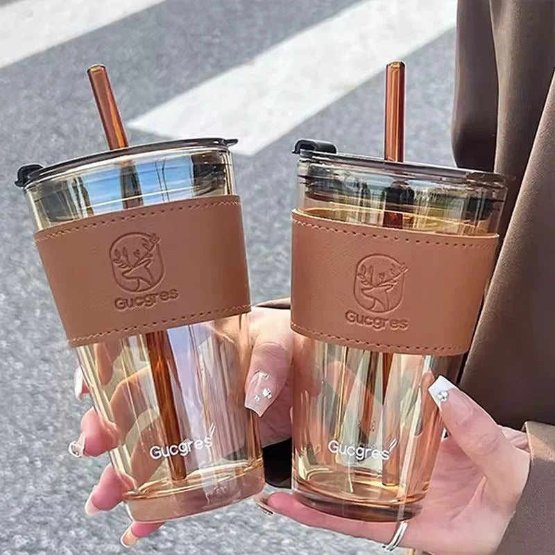 Reusable Transparent Tumbler with Straw and Leather-Look Sleeve