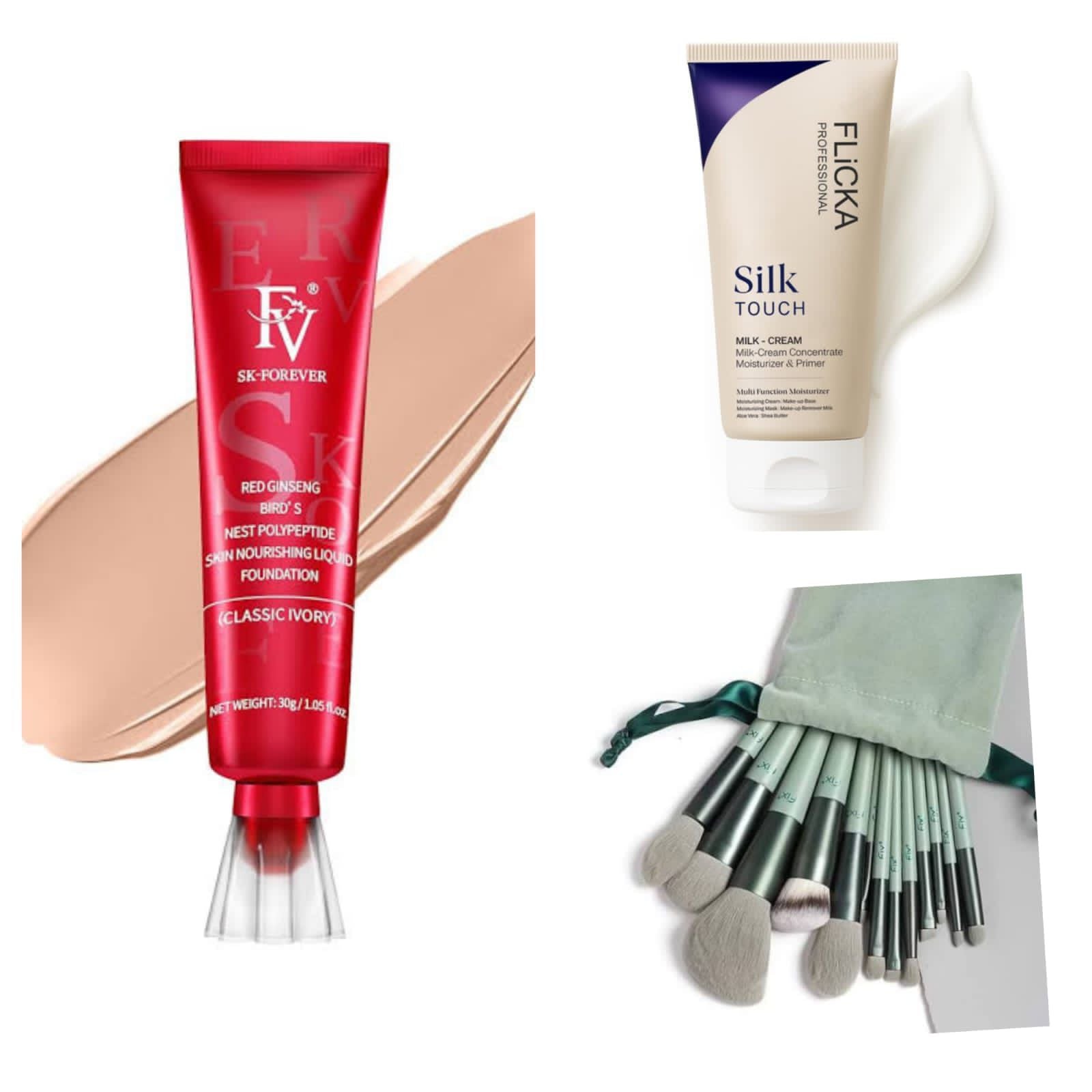 3-in-1 Makeup Essentials Fleck Set with FV Foundation, Primer & Brush Kit