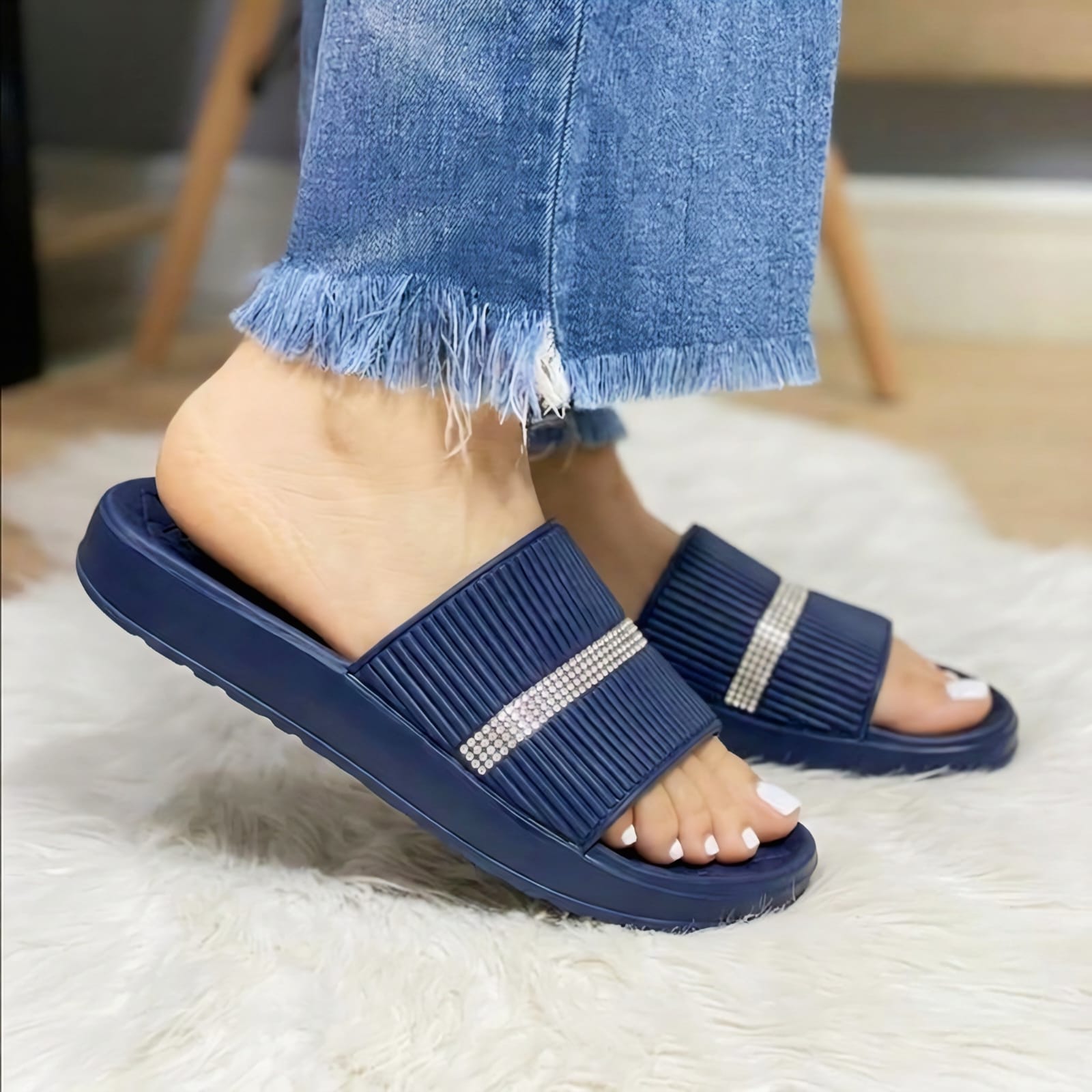 Women’s Navy Blue Rhinestone Comfort Slide Slippers