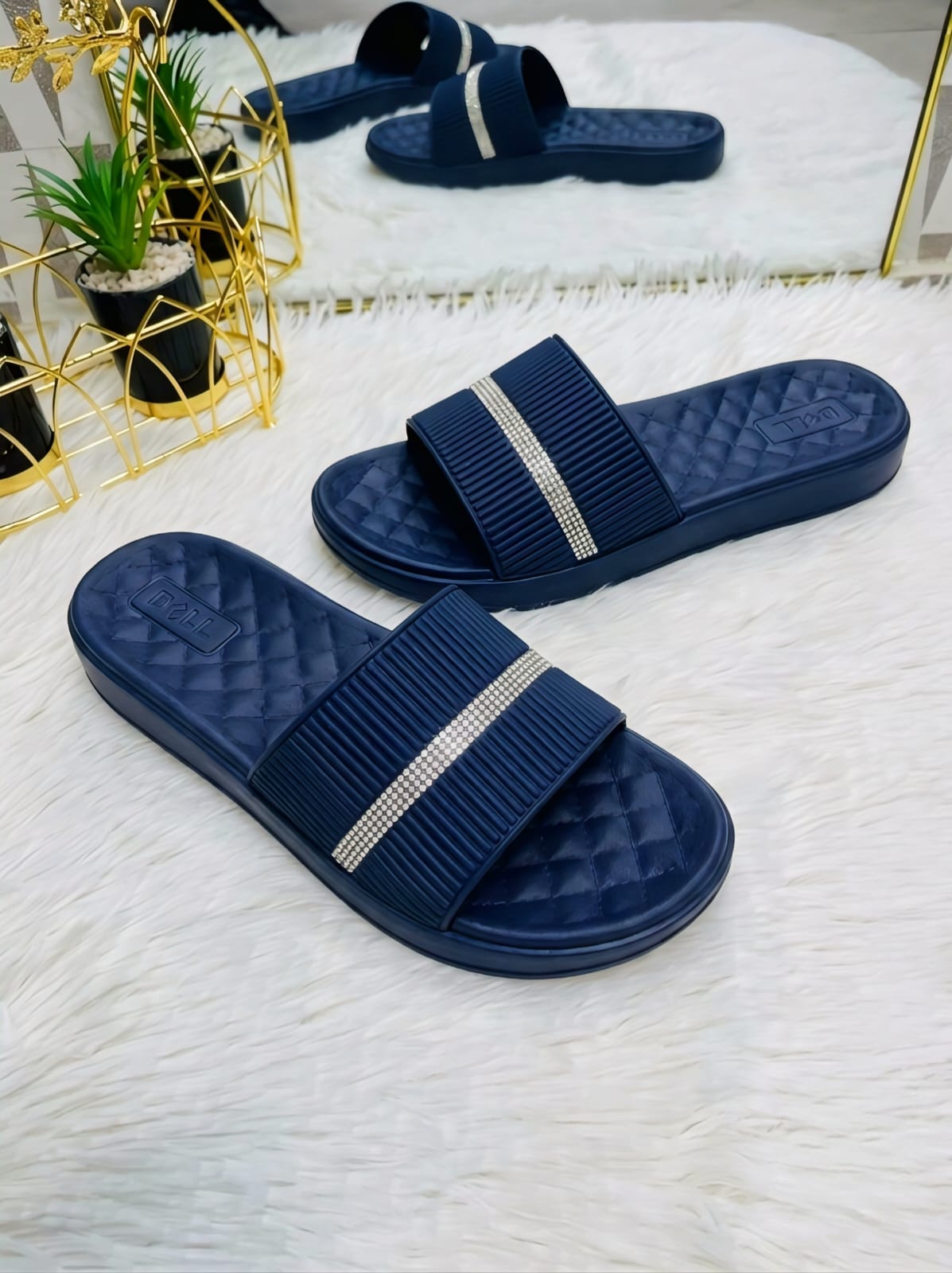 Women’s Navy Blue Rhinestone Comfort Slide Slippers