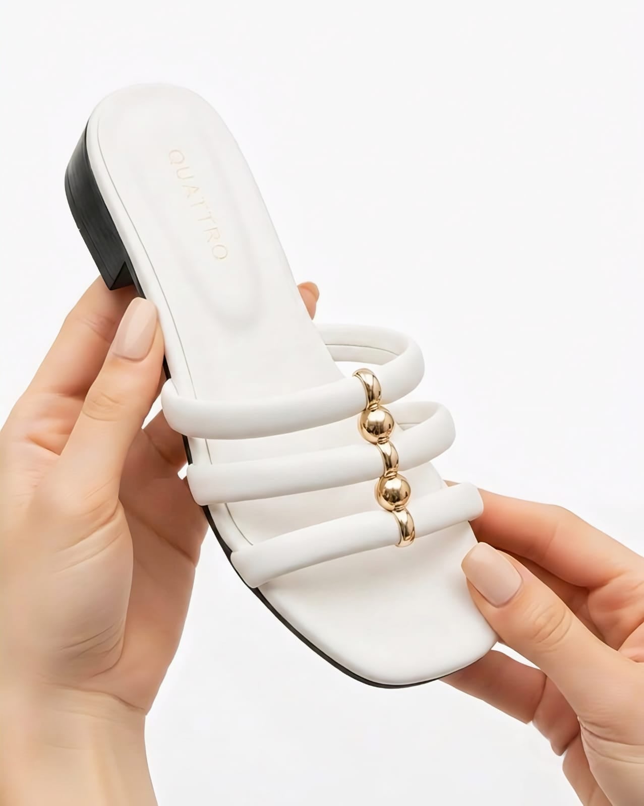 Elegant Triple-Strap Slip-On Sandals with Gold Bead Detail