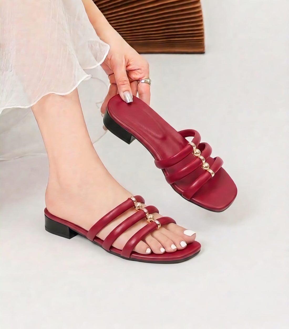 Elegant Triple-Strap Slip-On Sandals with Gold Bead Detail