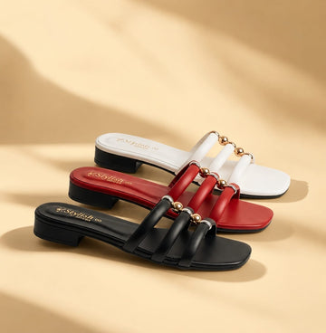 Elegant Triple-Strap Slip-On Sandals with Gold Bead Detail