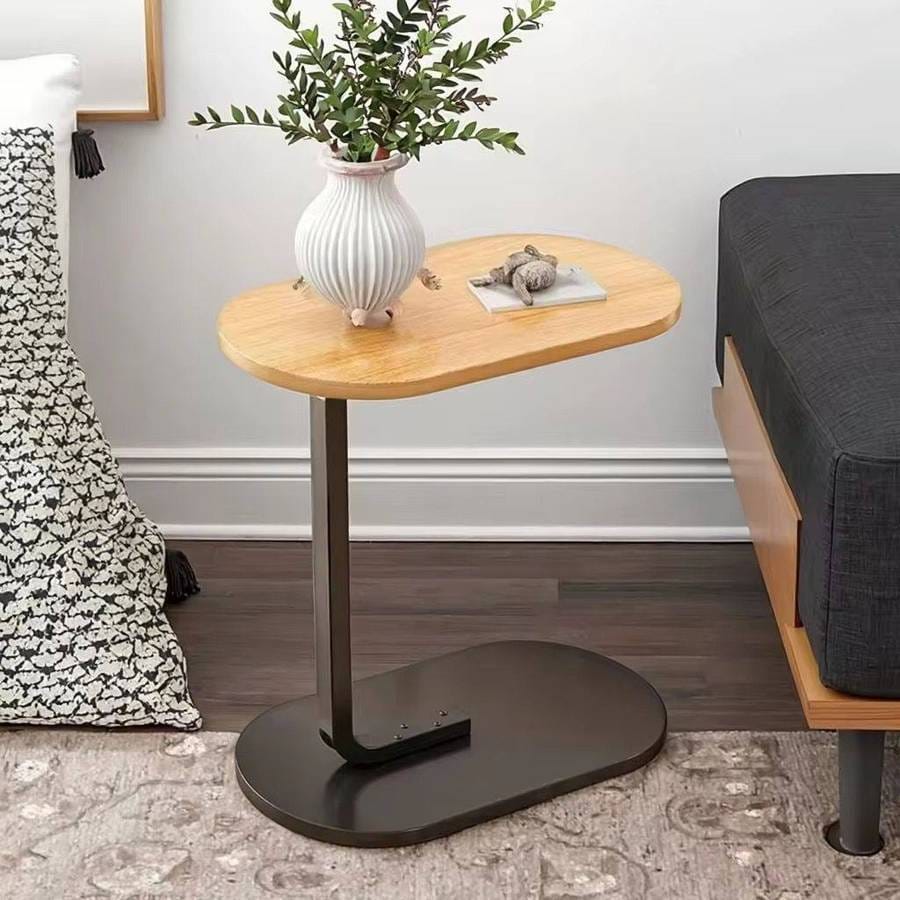 Modern C-Shaped Sofa Side Table with Wooden Top & Metal Base