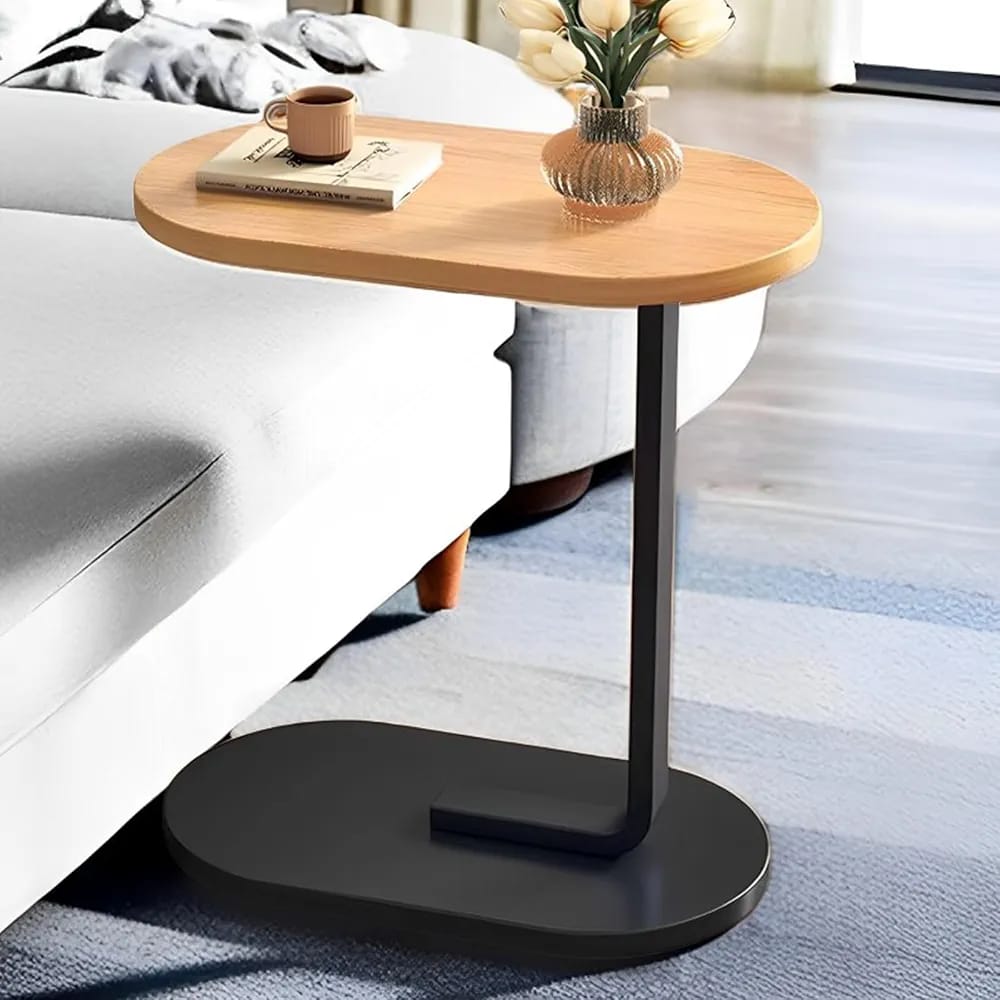 Modern C-Shaped Sofa Side Table with Wooden Top & Metal Base