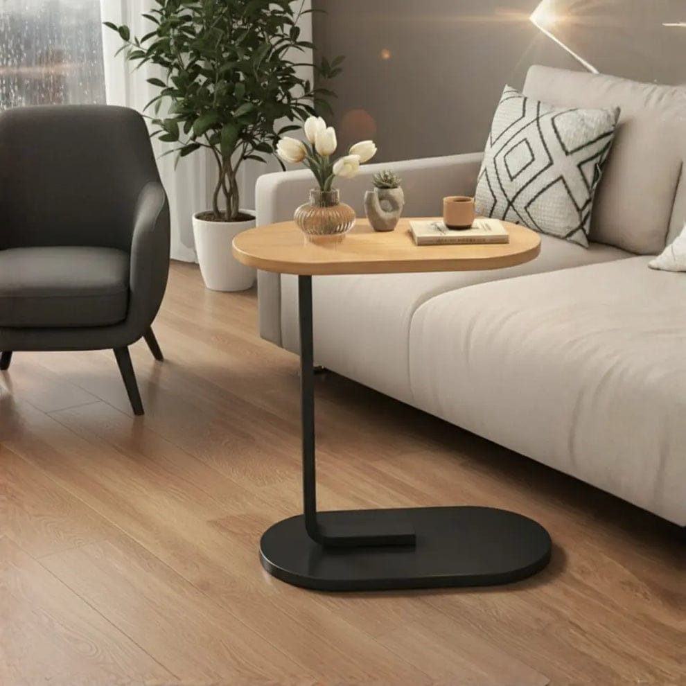 Modern C-Shaped Sofa Side Table with Wooden Top & Metal Base