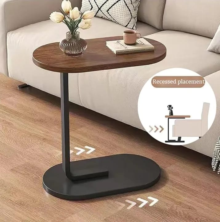 Modern C-Shaped Sofa Side Table with Wooden Top & Metal Base