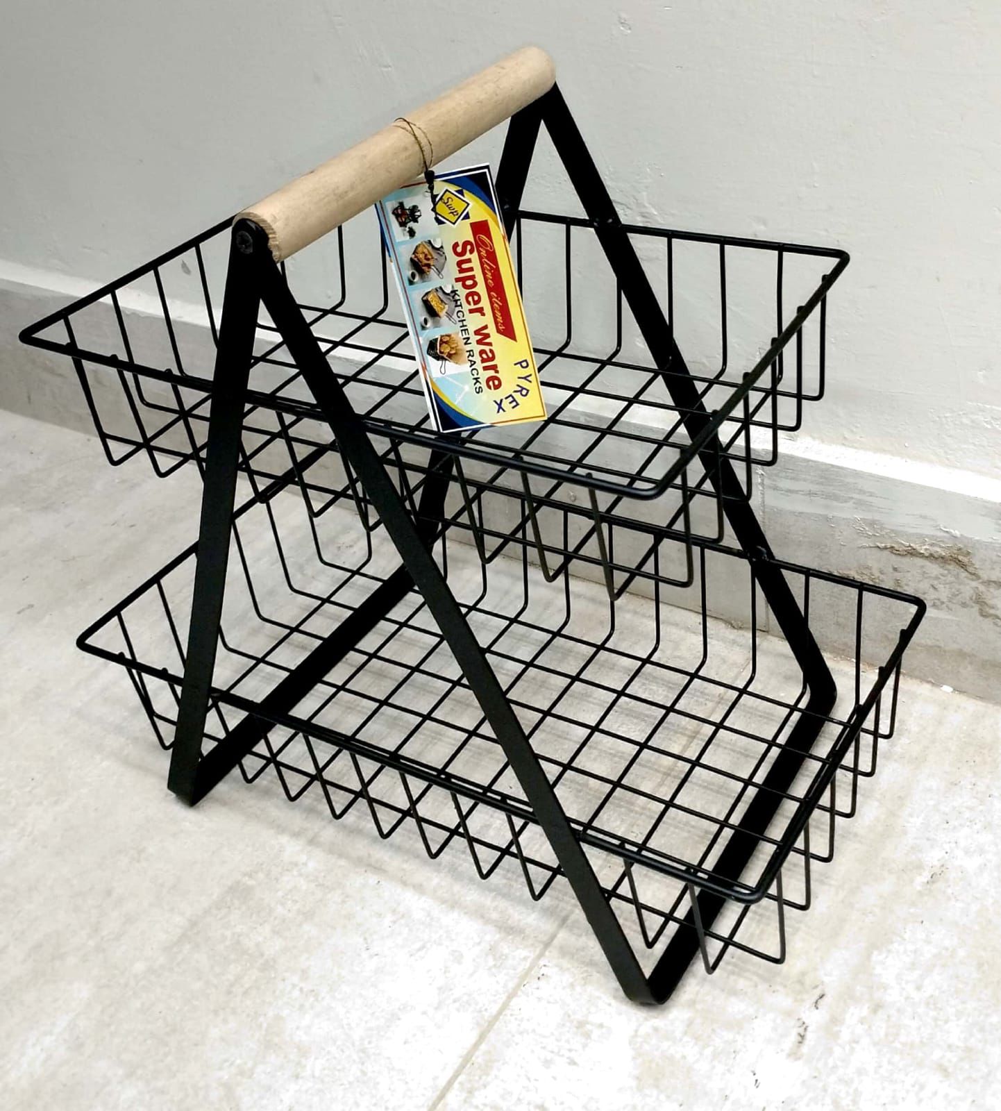 Tier Metal Wire Storage Basket Organizer with Wooden Handle | Kitchen Fruit & Vegetable Rack Stand