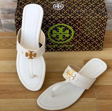 Women’s White Gold Logo Slide Sandals – Premium Flat Summer Slippers