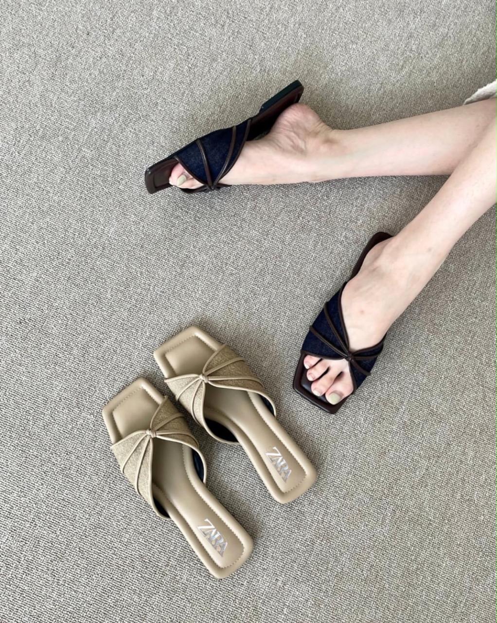 ZARA Women’s Bow Strap Slide Sandals – Black & Gold Square Toe Flats