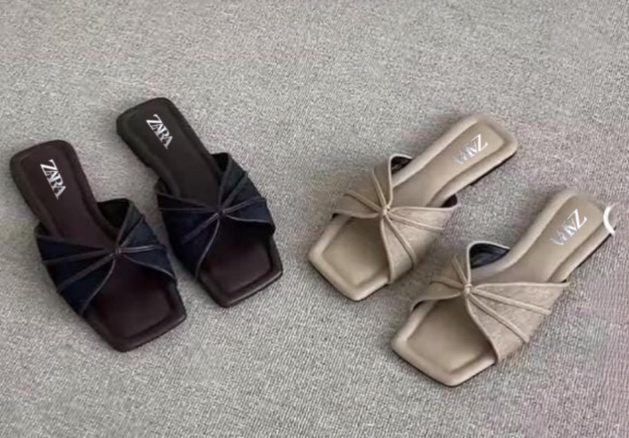 ZARA Women’s Bow Strap Slide Sandals – Black & Gold Square Toe Flats