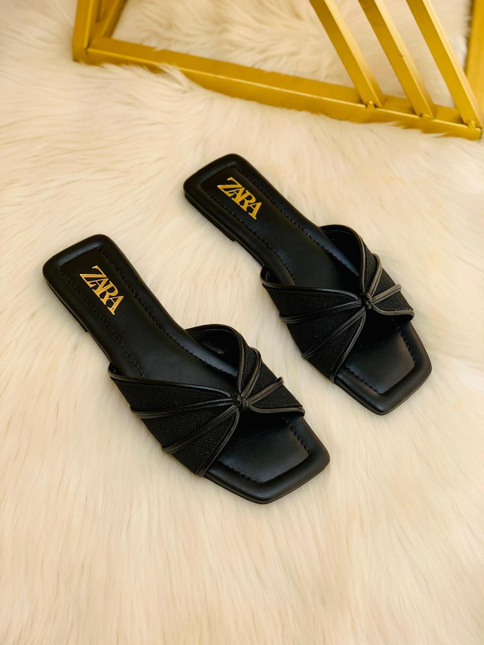 ZARA Women’s Bow Strap Slide Sandals – Black & Gold Square Toe Flats
