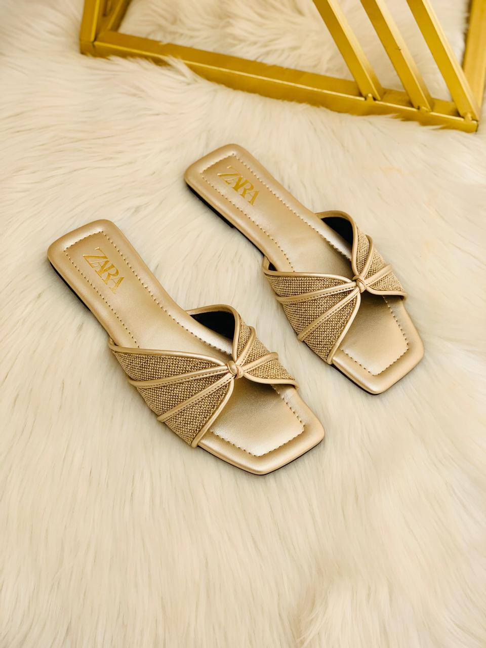 ZARA Women’s Bow Strap Slide Sandals – Black & Gold Square Toe Flats