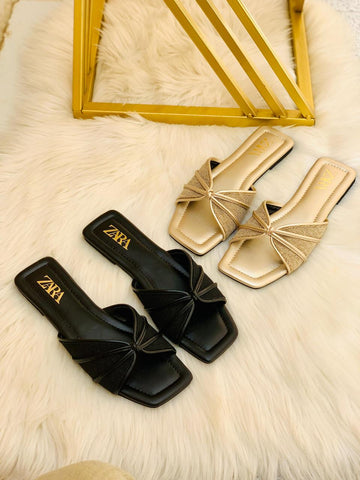 ZARA Women’s Bow Strap Slide Sandals – Black & Gold Square Toe Flats