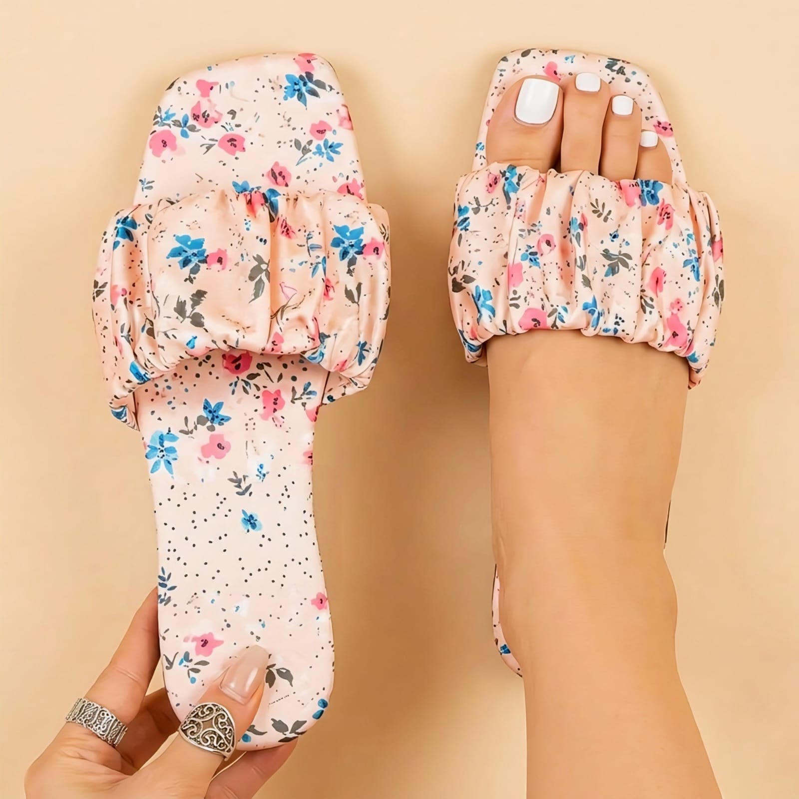Floral Ruched Slide Sandals for Women