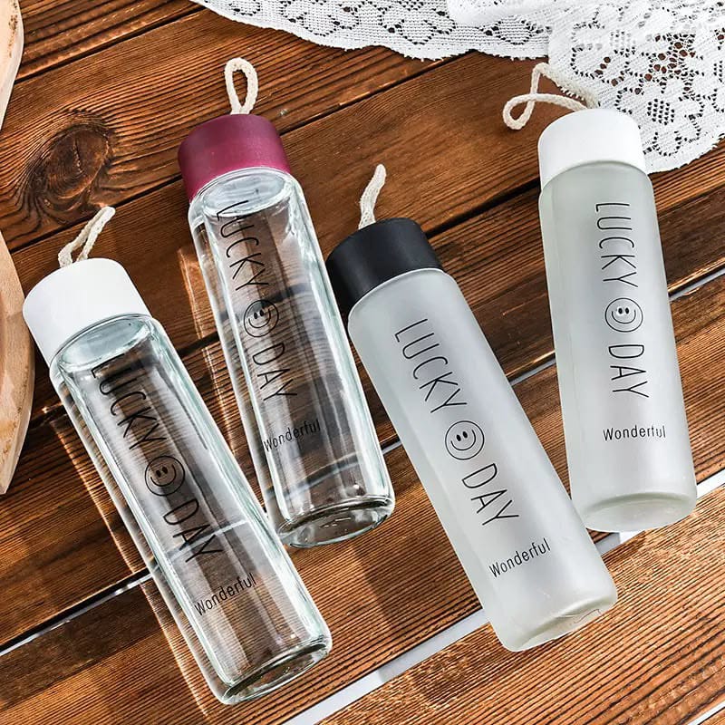 Lucky Day Premium Glass Water Bottle With Rope Handle | Reusable Juice & Drink Bottle