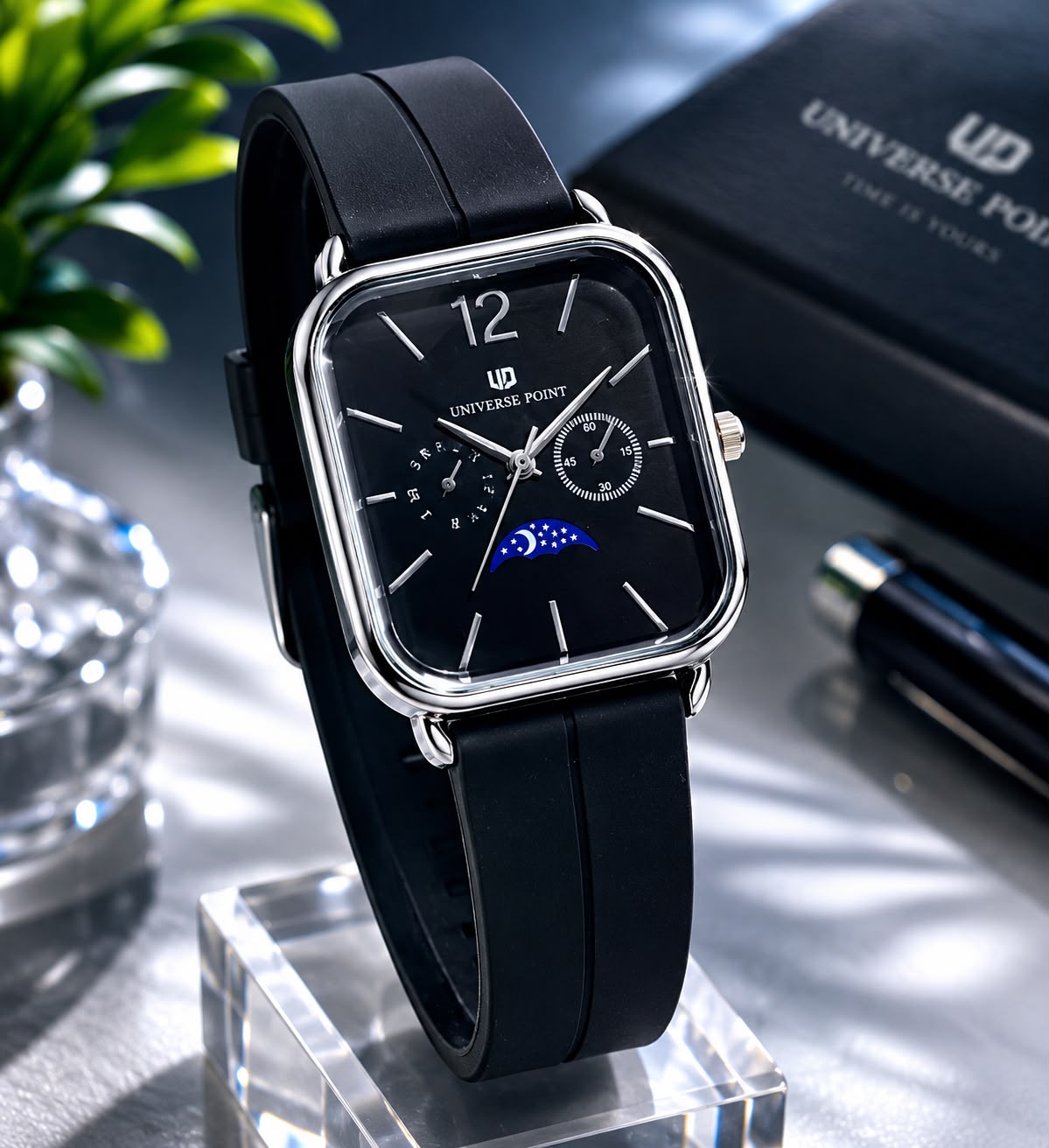 UNIVERSE POINT Square Dial Moon Style Watch with Silicone Strap