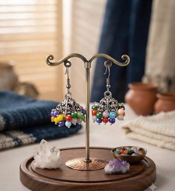 Multicolor Beaded Gajra Jhumki Earrings – Antique Silver Finish