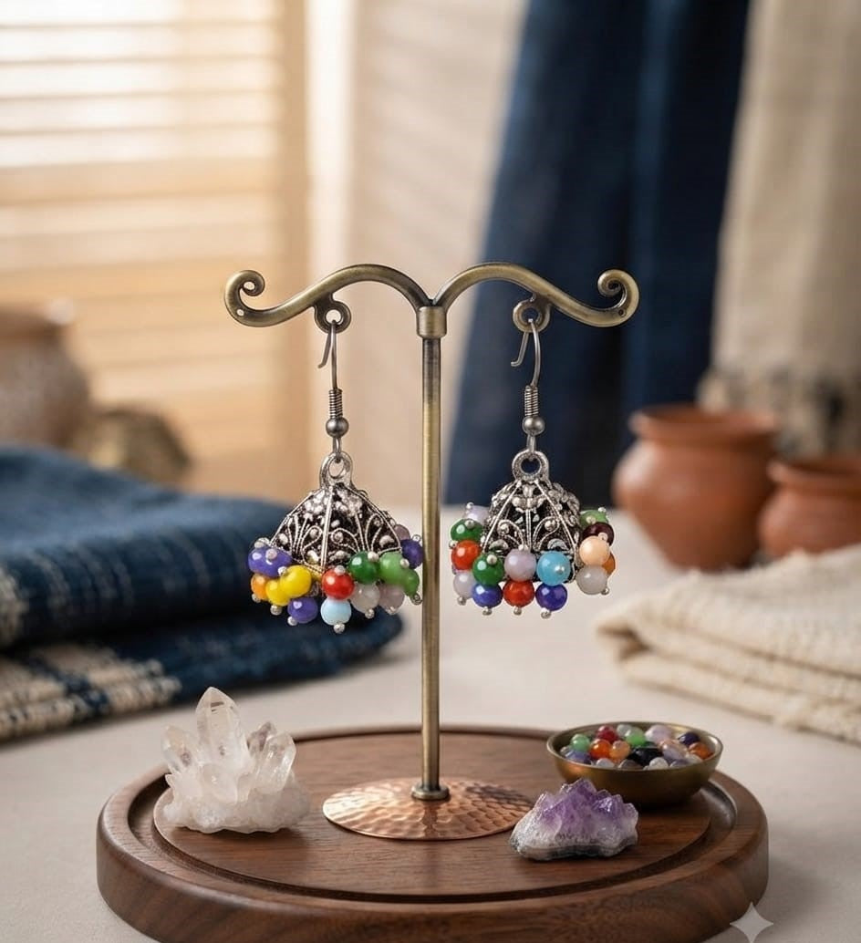 Multicolor Beaded Gajra Jhumki Earrings – Antique Silver Finish