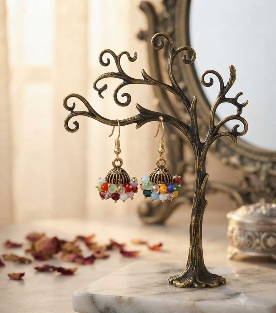 Multicolor Beaded Gajra Jhumki Earrings – Antique Silver Finish