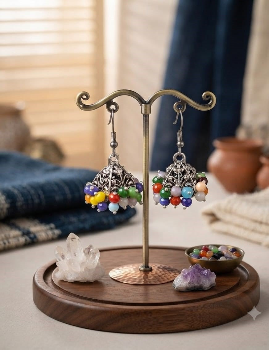 Multicolor Beaded Gajra Jhumki Earrings – Antique Silver Finish