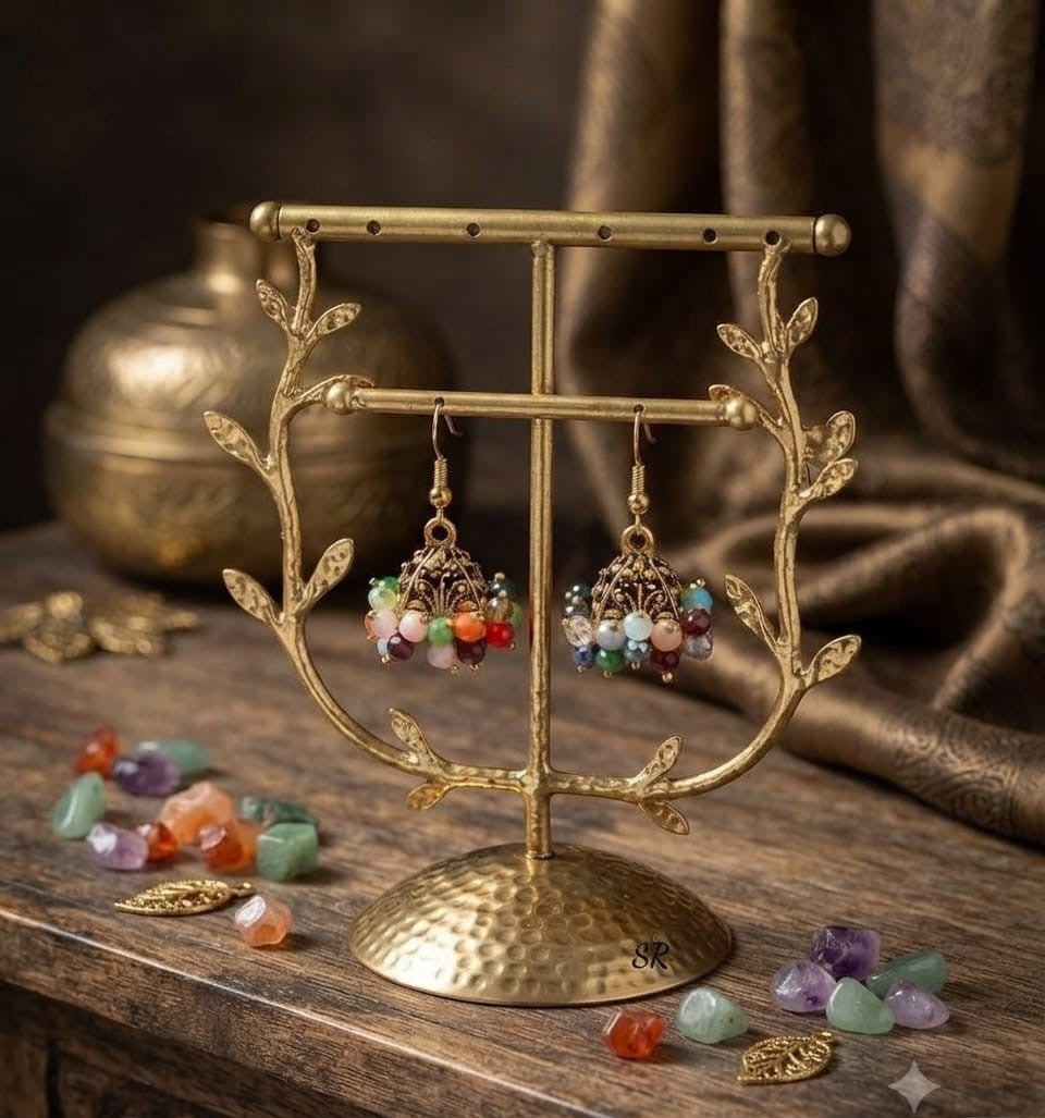 Multicolor Beaded Gajra Jhumki Earrings – Antique Silver Finish