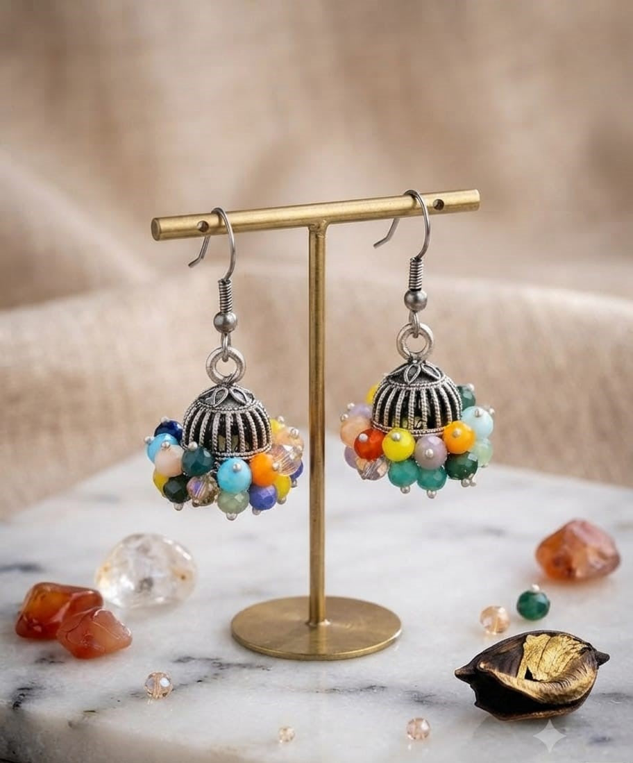 Multicolor Beaded Gajra Jhumki Earrings – Antique Silver Finish