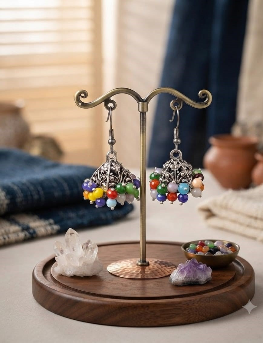 Multicolor Beaded Gajra Jhumki Earrings – Antique Silver Finish