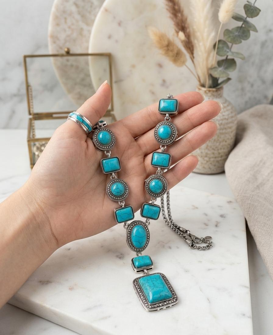 Firoza Stone Long Necklace for Women – Steel-Polished Statement Locket