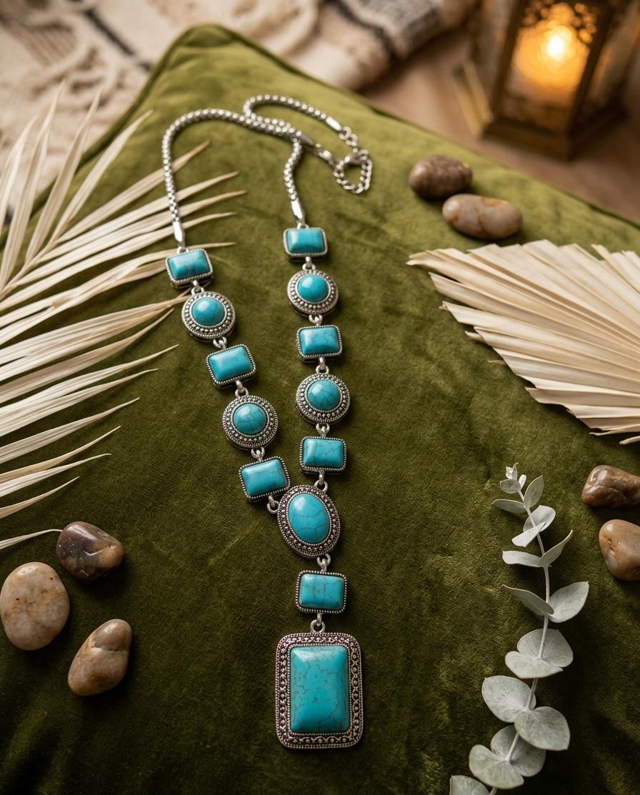 Firoza Stone Long Necklace for Women – Steel-Polished Statement Locket