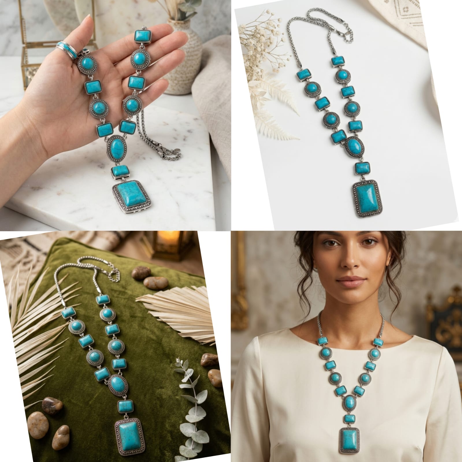 Firoza Stone Long Necklace for Women – Steel-Polished Statement Locket