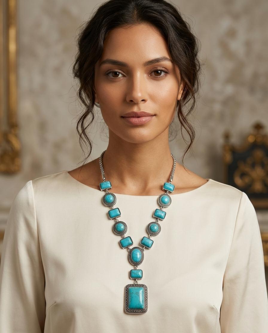 Firoza Stone Long Necklace for Women – Steel-Polished Statement Locket