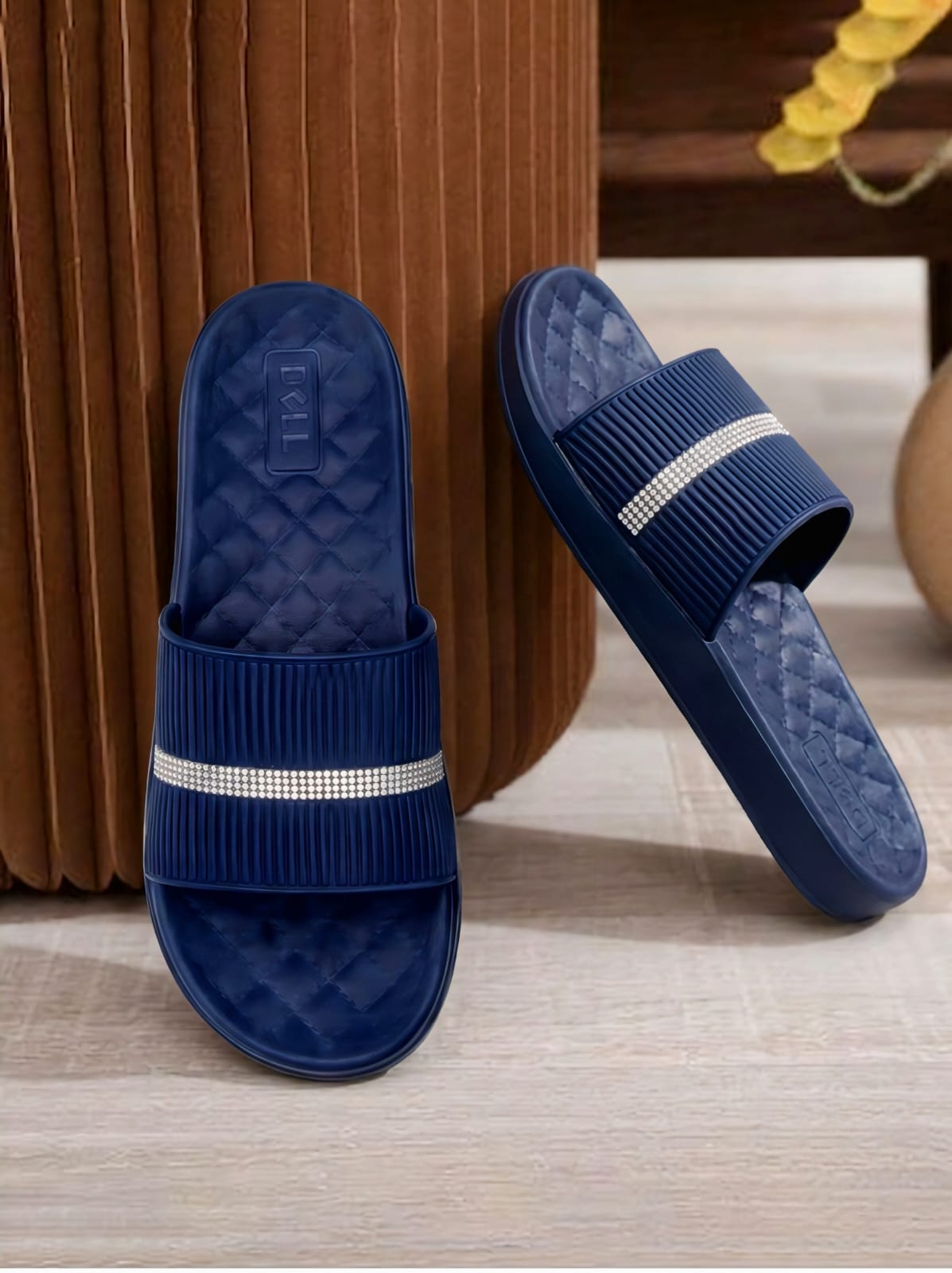 Women’s Navy Blue Rhinestone Comfort Slide Slippers