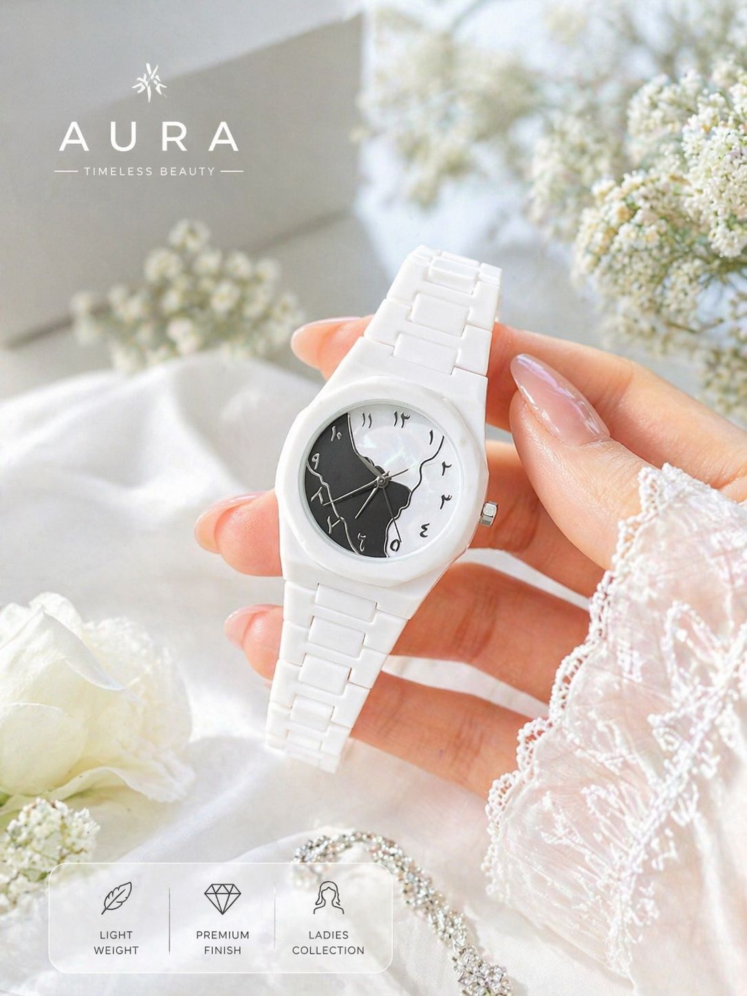 Aura Quartz Watch Black Lightweight Design Arabic Dial Black Aura Arabic Watch For Men Trendy Fiber Plastic Timepiece With Arabic Numerals