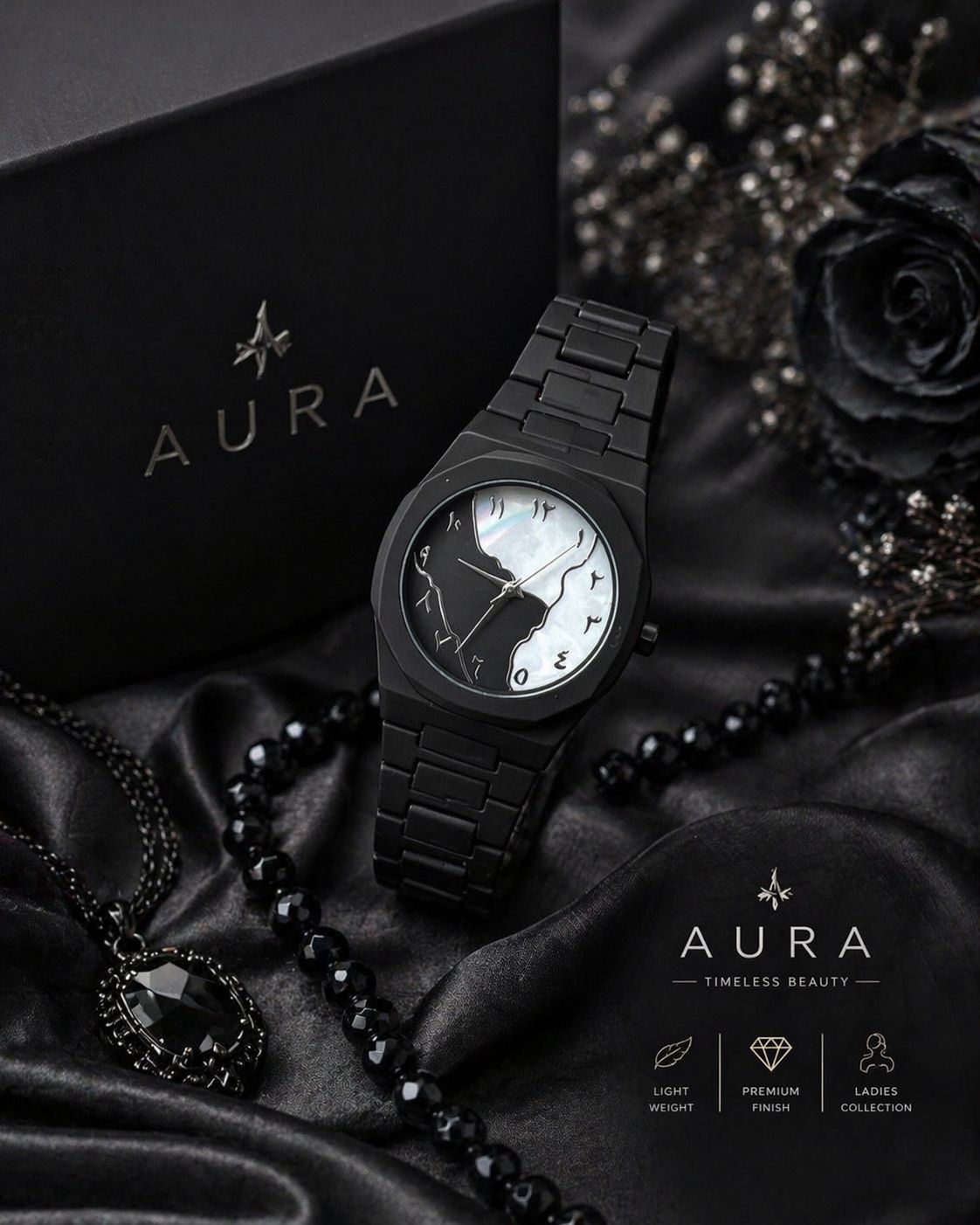 Aura Quartz Watch Black Lightweight Design Arabic Dial Black Aura Arabic Watch For Men Trendy Fiber Plastic Timepiece With Arabic Numerals